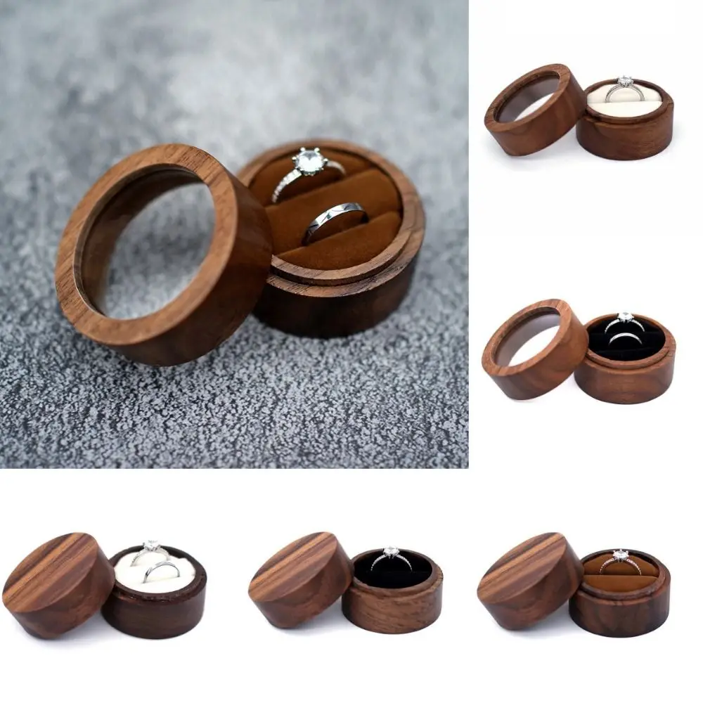New Wooden Round Ring Box Transparent Cover Brown Engagement Ring Case Portable Wedding Rings Box Valentine's Day