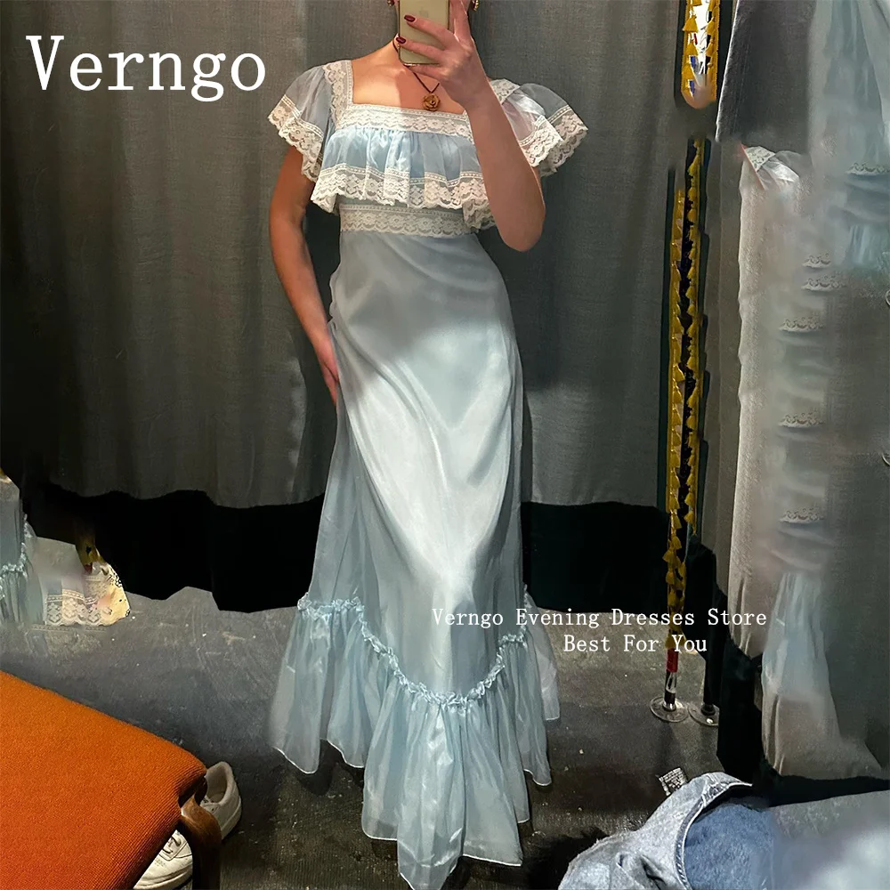 

Verngo Blue Organza Prom Gown Vintage Lace Party Dress For Women A Line Elegant Evening Dress Franch Prom Dress Outfit