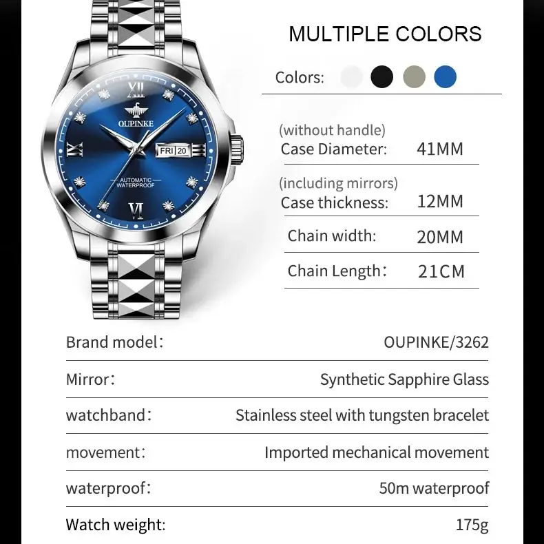 OUPINKE 3262 Men\'s Watch Business Calendar Sapphire Waterproof Watch Luxury Brand Tungsten Steel Men Automatic Mechanical Watch