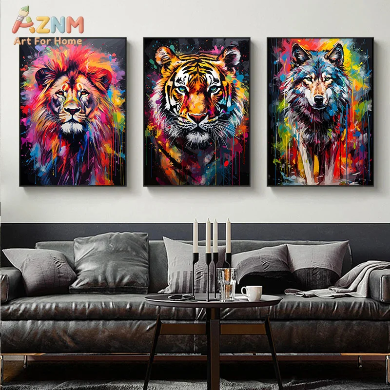 AZNM Colorful Graffiti Style Animal Canvas Wall Art, Vibrant Pop Art Peacock Cat Owl Lion Tiger Panda Print Poster, Unframed Mod