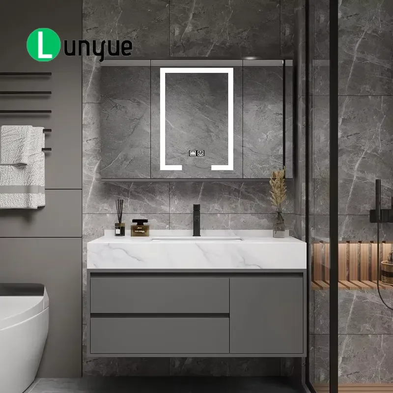 Bathroom Vanity Cabinet with Ceramic Basin LED Mirror Defogging Plywood Countertop Storage for Modern Home Bathroom Decor