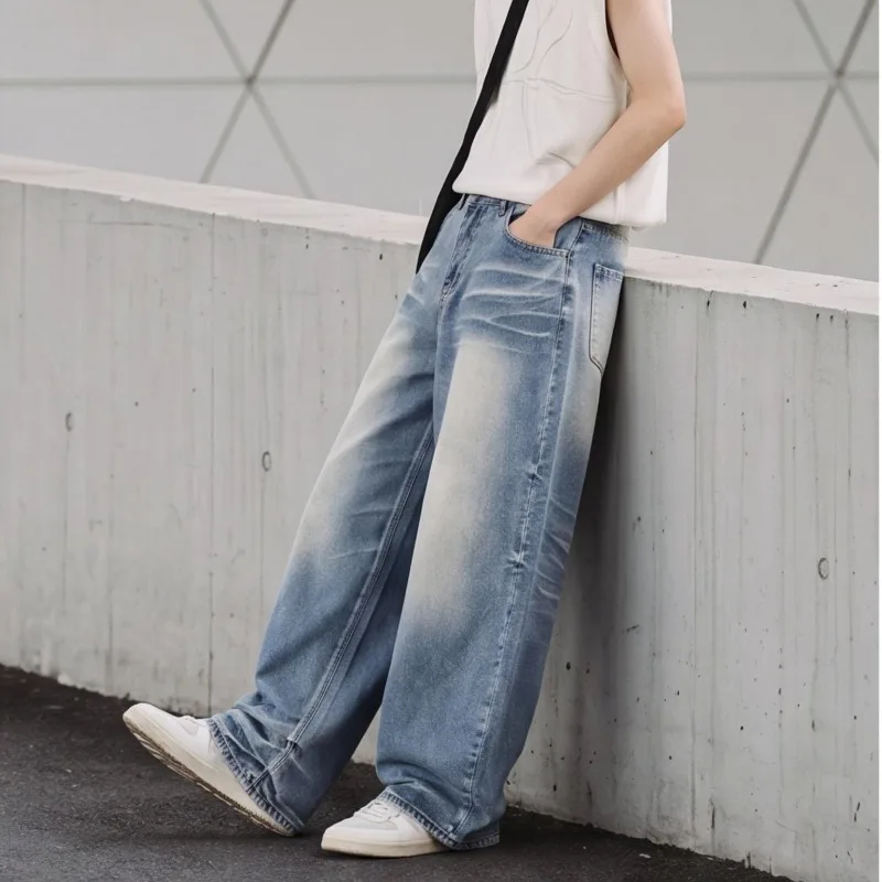 Men's Jeans Man Pants American Summer New Loose High Waist Baggy Retro Vintage Denim Trousers Wide Leg Patchwork Style