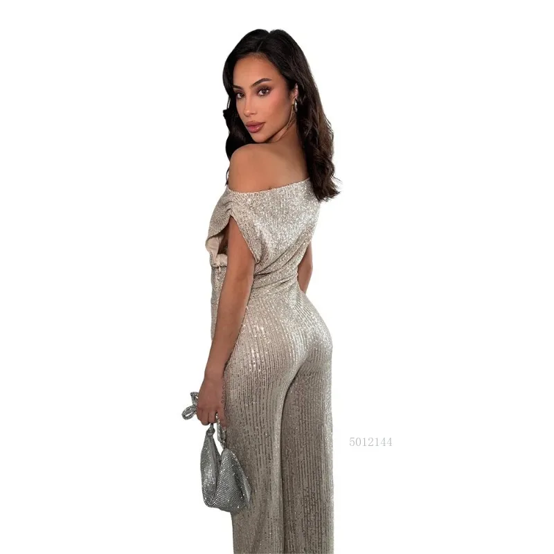 Fashion Women Sequin Short Sleeve Wide Leg Jumpsuits 2026 Summer Sexy Chic Party Outfits One Piece Suit Rompers streetwear women