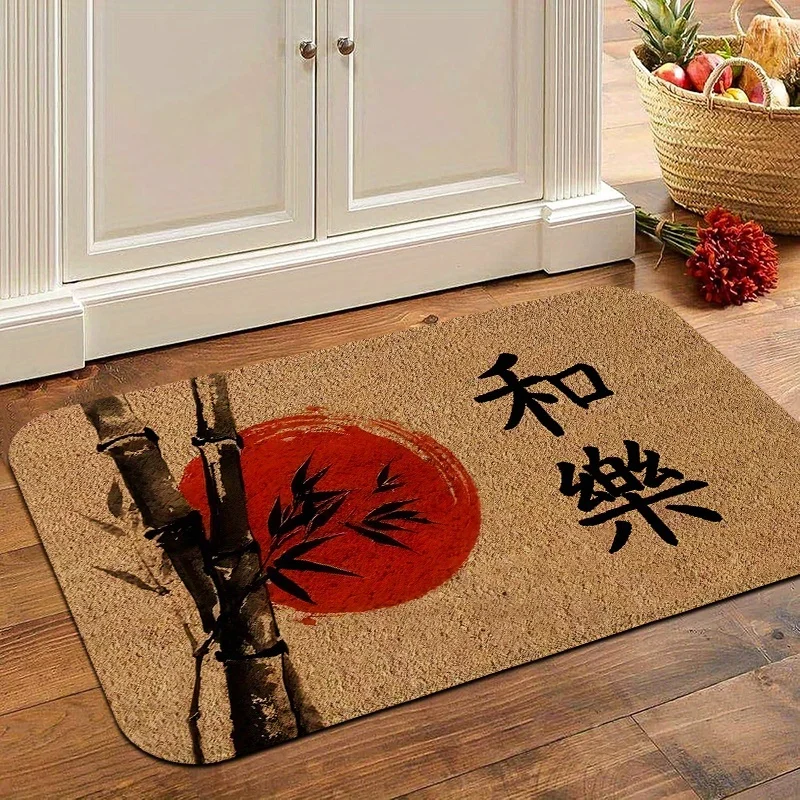 1pc 2D Flat Bamboo Red Sun Wa Japanese Calligraphy Flannel Door Mat Non Slip Zen Asian Decor Rug For Entryway Bathroom Floor