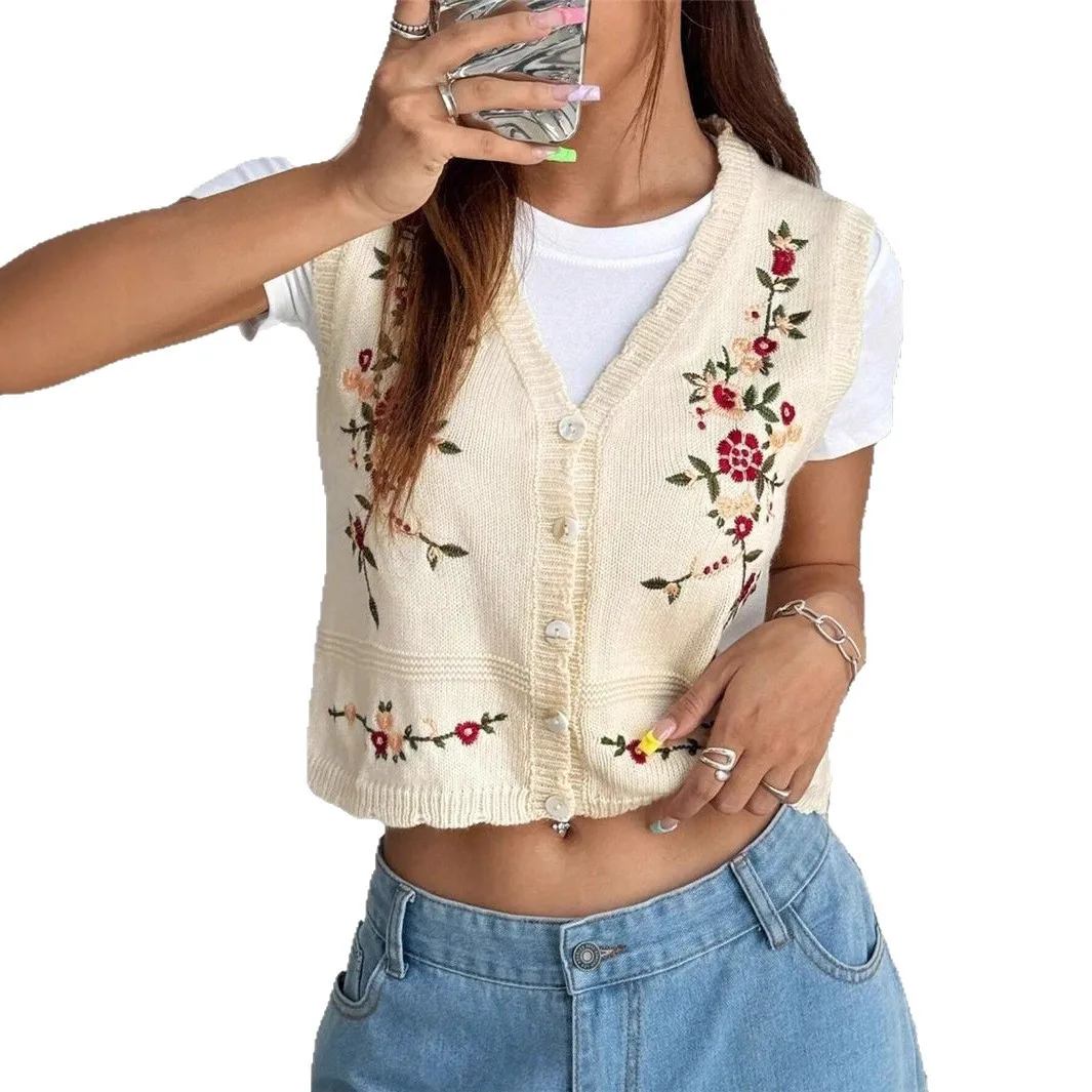 다용도 자수 니트 스웨터 여성용 탱크탑 오픈 가디건 단추 하나로 여닫는 다른 소재 00%
