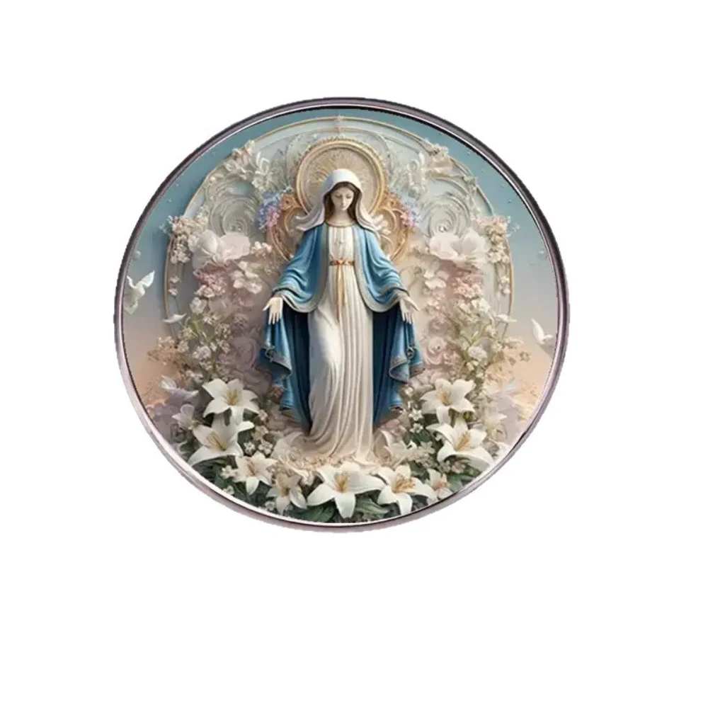 Sacred and Elegant Madonna Brooch Lily and White Dove Enamel Badge Vintage Decorative Flower Glue Seal Pin