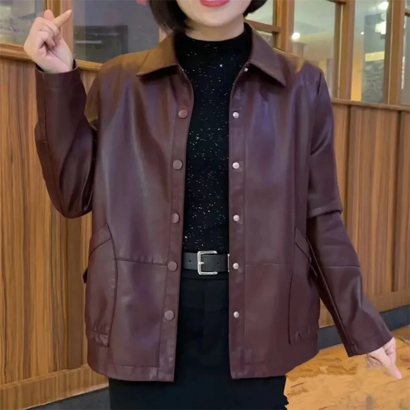 가을 여성용 큰 사이즈 5XL 인조 가죽 탑 아우터 2025 여성 패션 PU 가죽 코트 한국 여성 라펠 인조 가죽 재킷