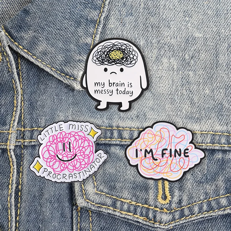 My Brain Is Messy Enamel Badge Set Humorous Mental State Slogan Design Pins Funny Messy Brain Brooches For Friends