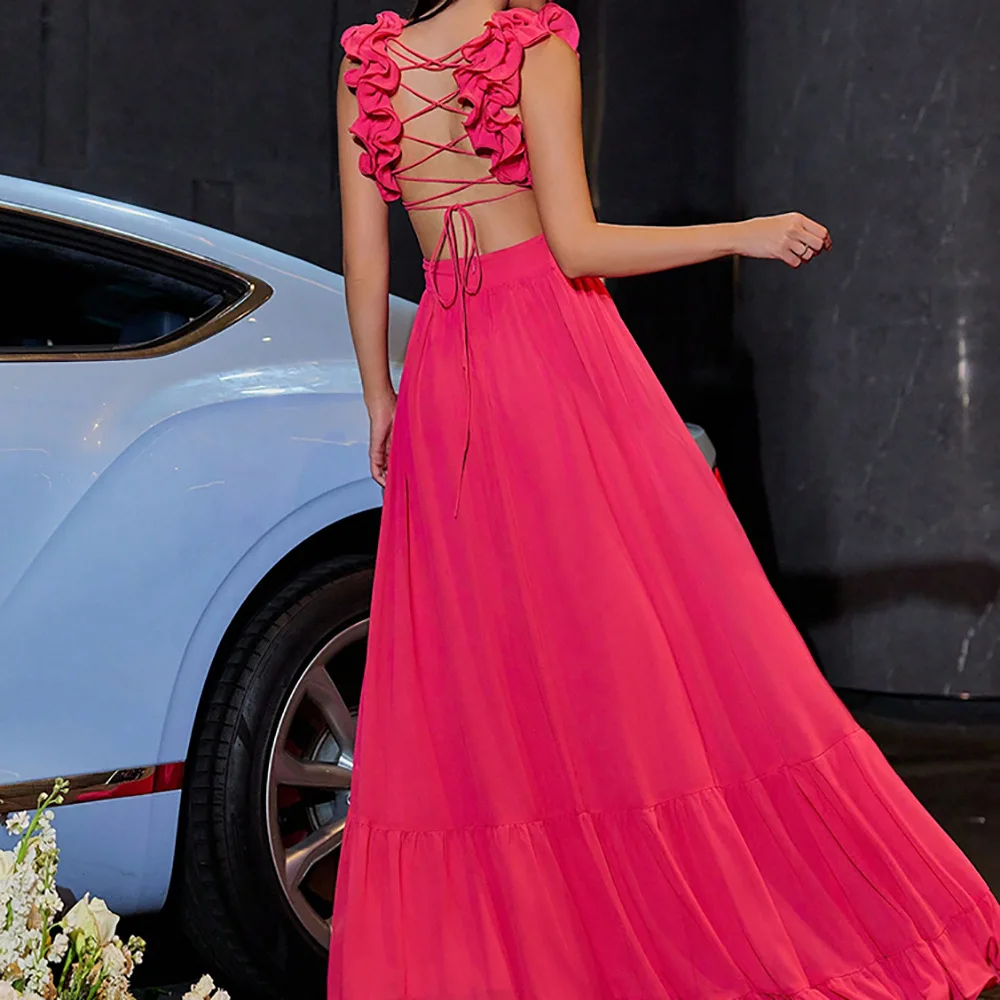 Chiffon Women Dresses Backless Cross-tie String Pleats V-neck Elegant Banquet High-Quality Big Swing Evening Party Dresses