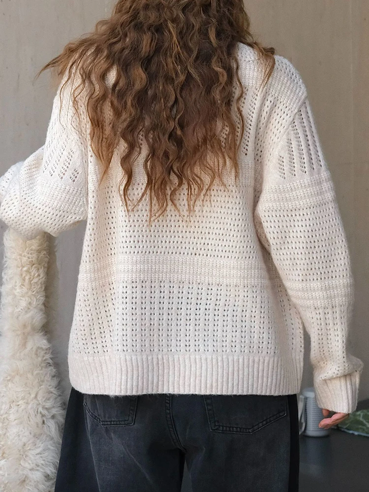 [EAM] Apricot Hollow Out Big Size Knitting Sweater Round Neck Long Sleeve Women Pullovers New Fashion Spring Autumn 2024 1DH6895