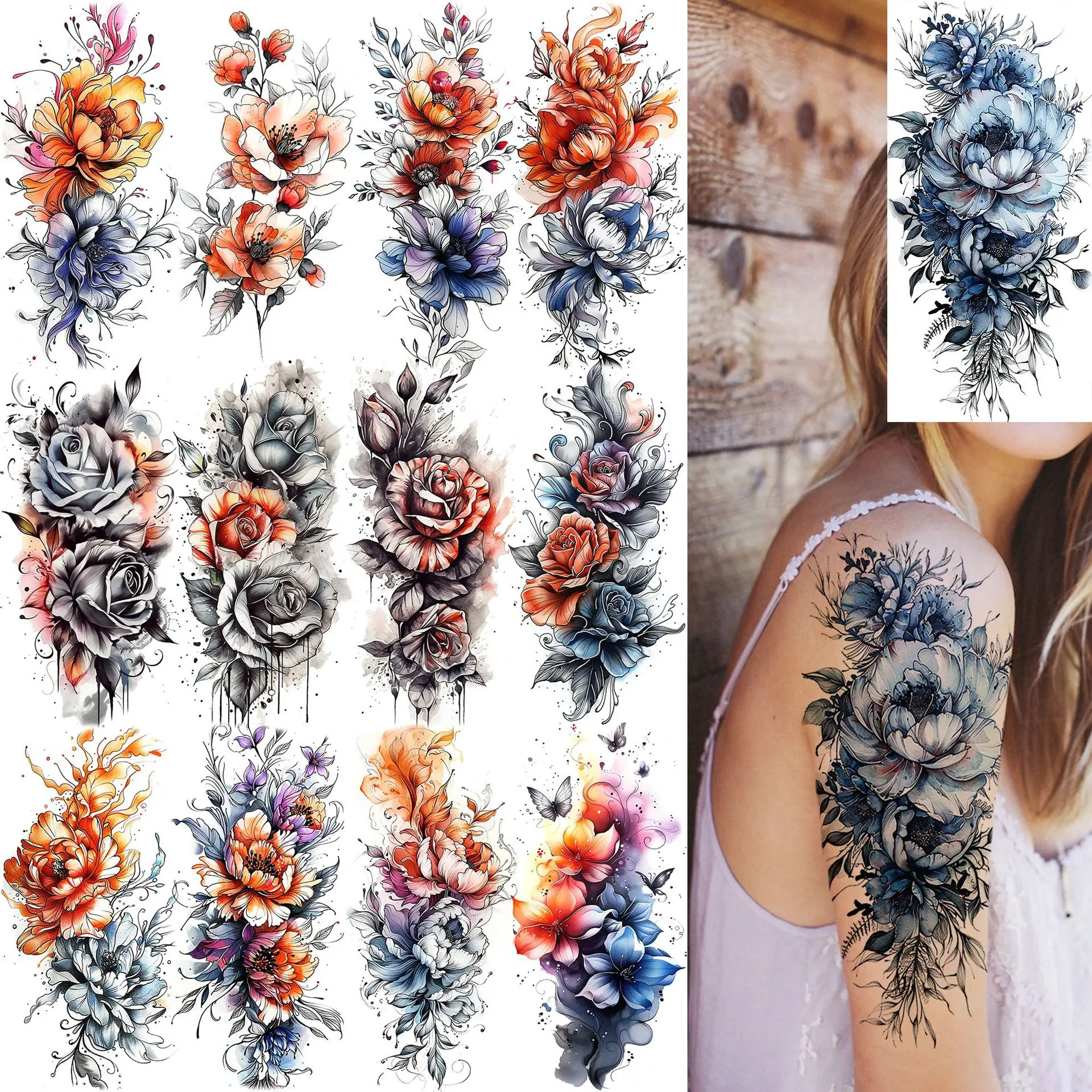 Colorful Flower Temporary Tattoo Stickers Premium Niche Design Waterproof Non Toxic Long Lasting for Arm Calf