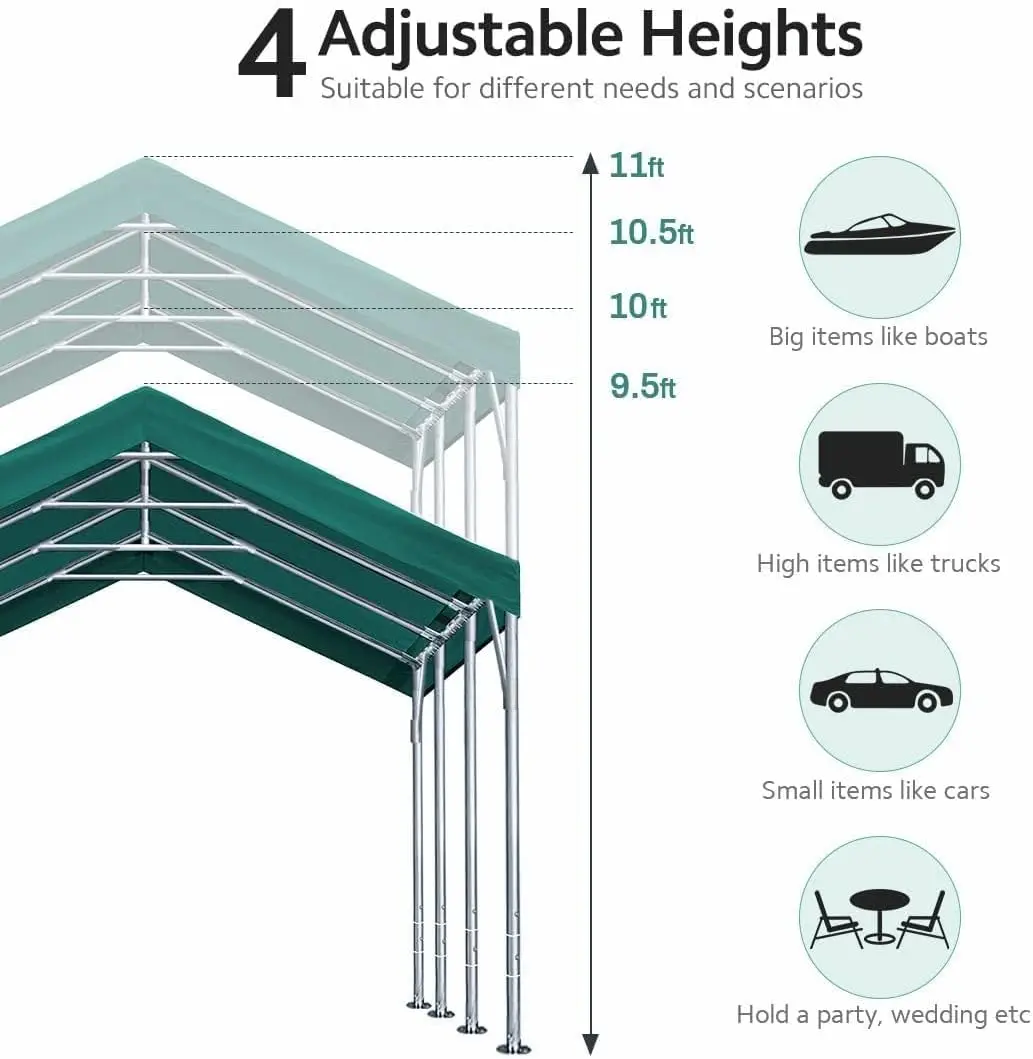 12X20 Ft Canopy Garage Heavy Duty Carport Car Boat Shelter Party Tent, Adjustable Peak Height From 9.5Ft To 11Ft, Green