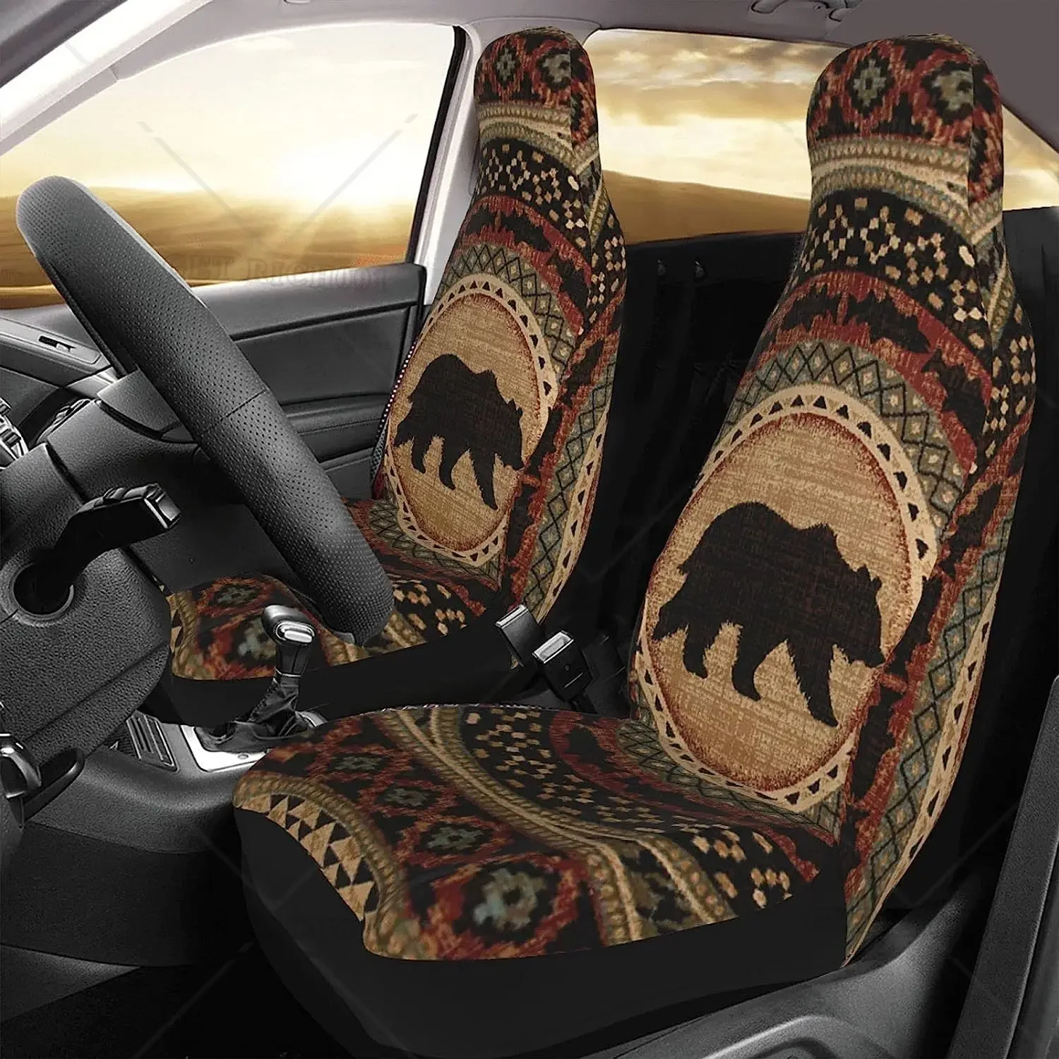 Vintage niedźwiedź brązowy zestaw pokrowców na siedzenia samochodowe 2 Pcs przednie siedzenie akcesoria ochronne do uniwersalnego samochodu SUV ciężarówka Van zestaw pokrowców na siedzenia samochodowe — zdjęcie 3