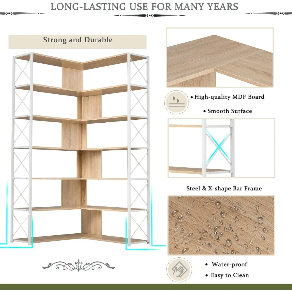 رف كتب زاوية على شكل حرف L من الخشب والمعادن 7 طبقات رف عرض على الطراز الصناعي خزانة كتب قابلة للتعديل Etagere للمكتب المنزلي