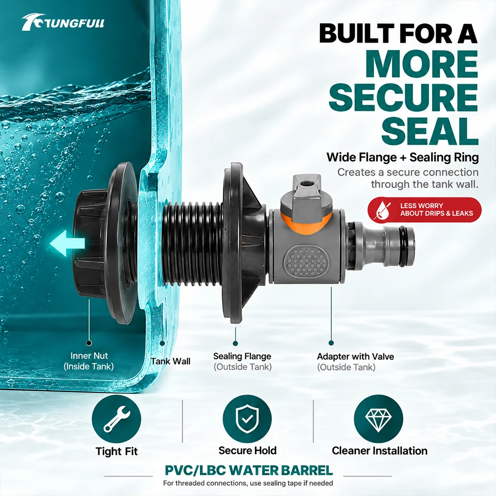 TUNGFULL Rain Water Harvesting Kit Barrel Adapter Spigot 1/2 Inch Built-in Shut-off Valve 28mm Hole Saw Leak-proof
