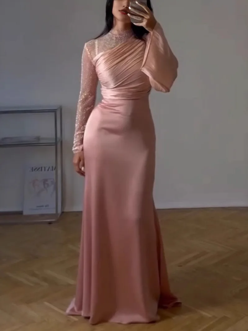 

Sexy Spliced Me Pleated Long Sve Dr Women's Spring Summer New High Waist Korean Sle Formal Gown Long Dr