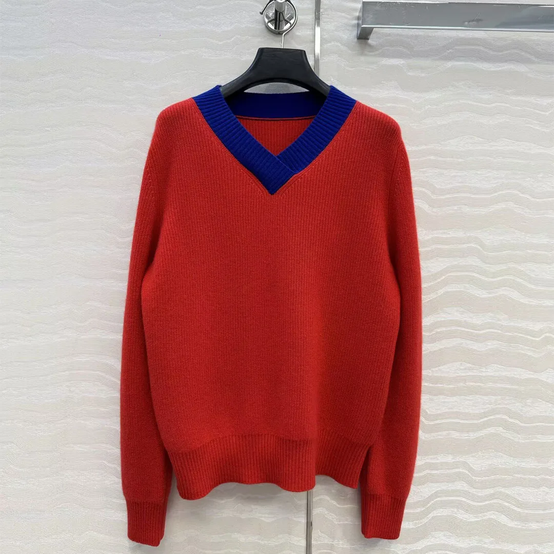 2026 Fall Winter Cashmere Knitted Chic Sweaters Women Contrast Patchwork V-neck Long Sleeve Casual All-matched Jumper Pullover