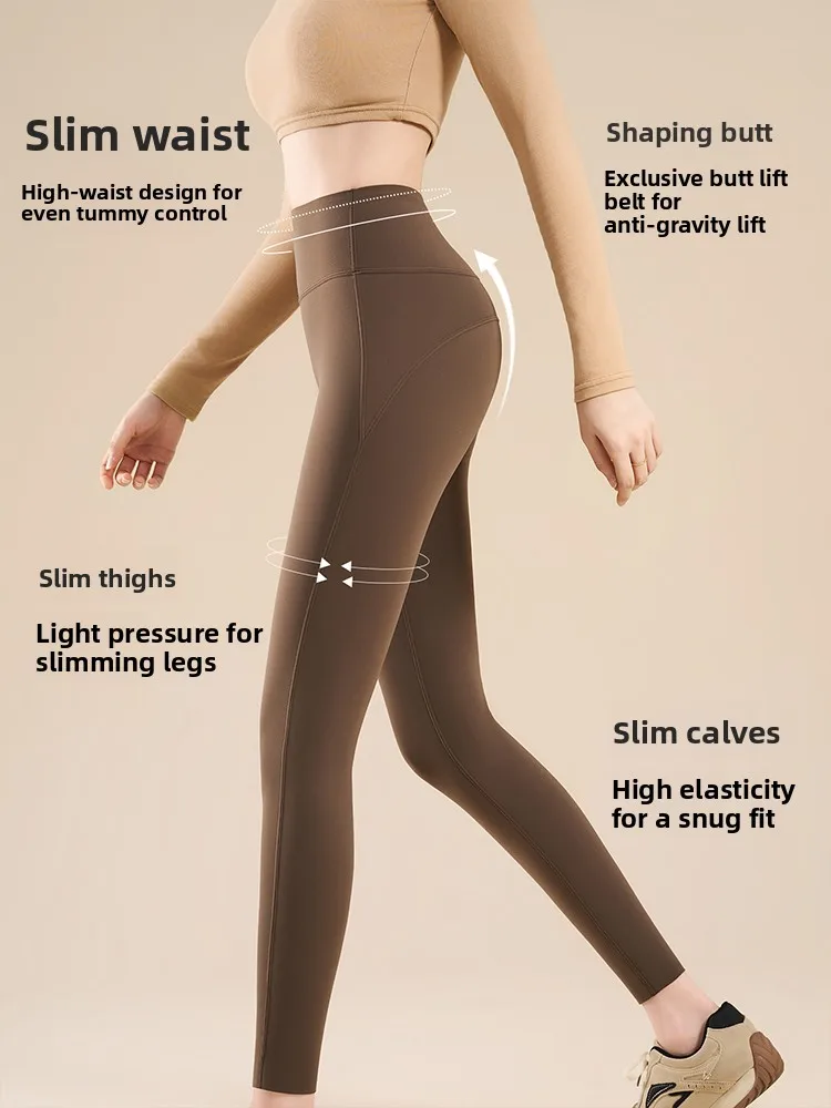 Pantalones deportivos de piel de arca con forro Fce, pantalones largos de Yoga para correr de nueve puntos de cintura alta, mallas ajustadas cálidas para invierno para mujer