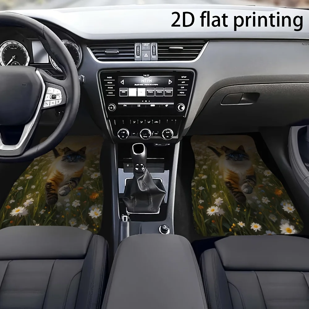 4pcs Car Floor Mats, Pastoral Flower Field With Running Cats Pattern, Fit Material Auto Accessories For Front And Rear Seat Lin