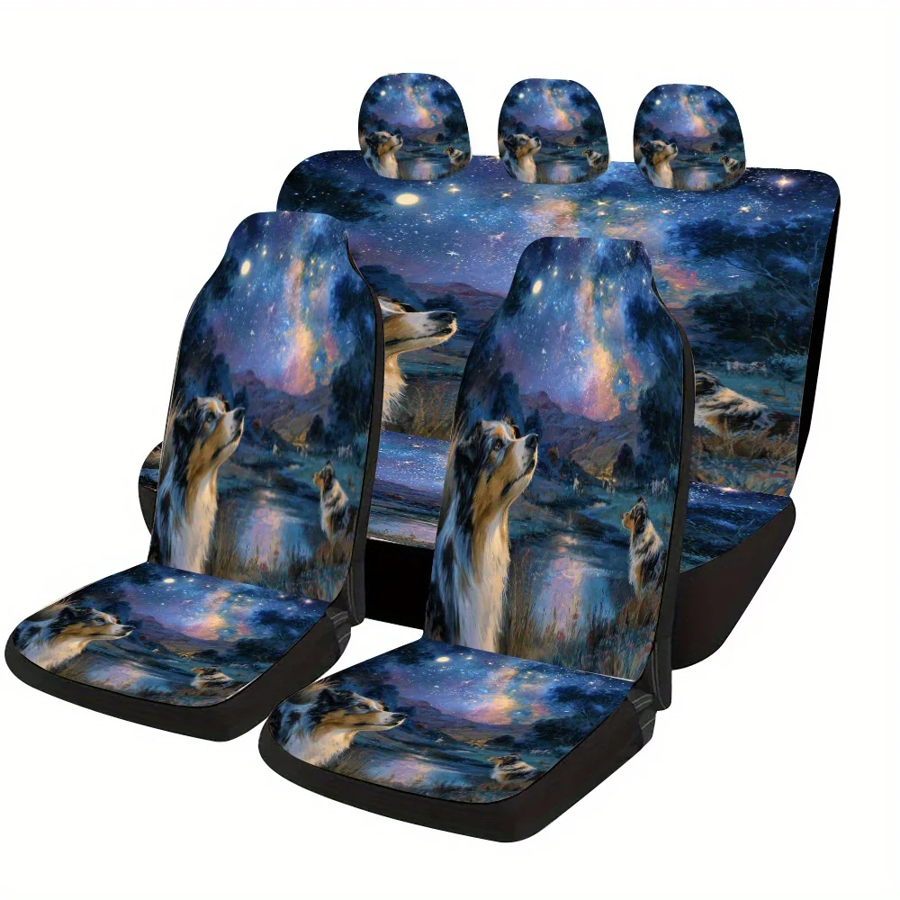 A Themed Car Seat Cover Set Featuring A Starry Sky And Australian Shepherds Gazing At The Milky Way, Suitable For Most Cars. Thi