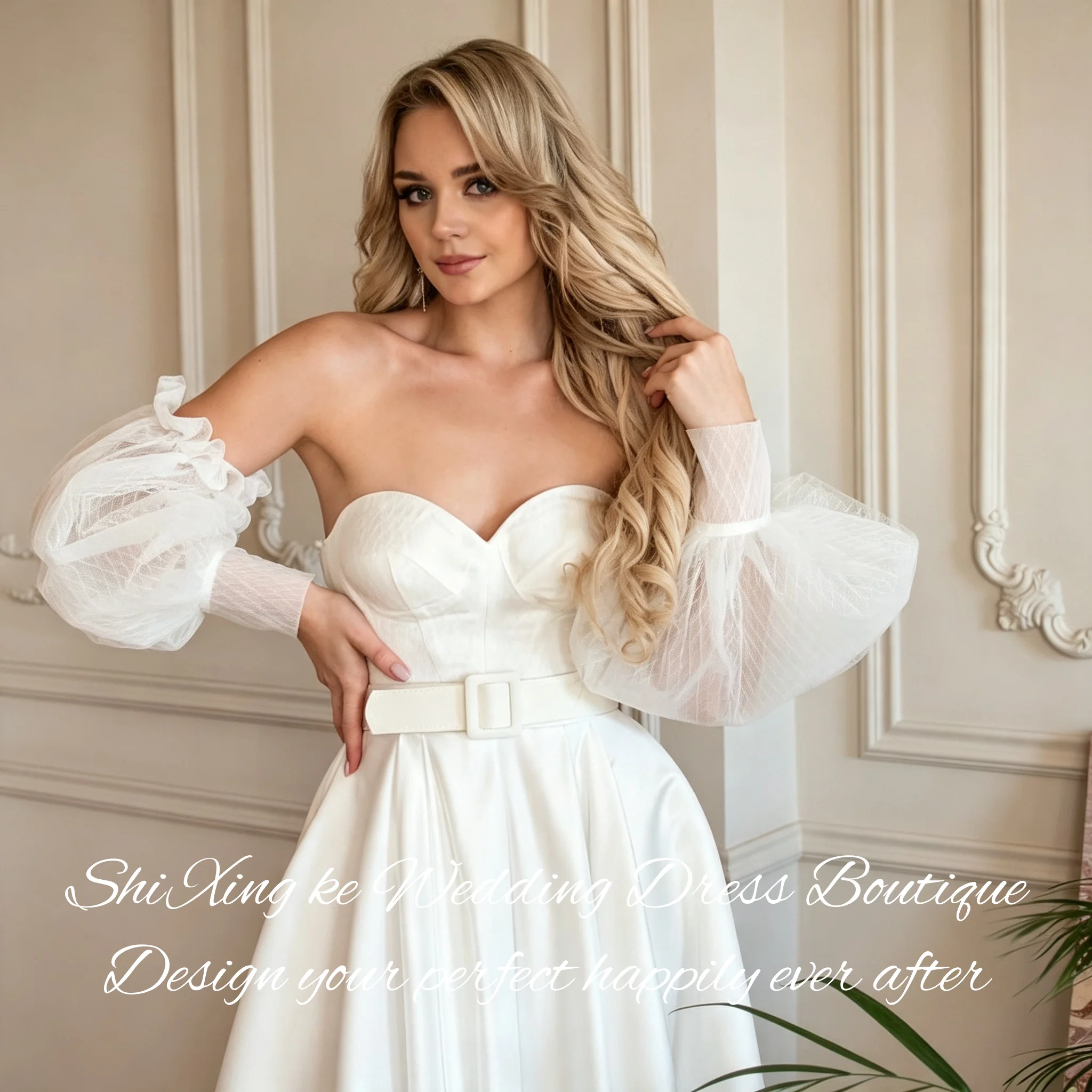 Strapless Satin Bridal Gown Removable Puff Sleeves Natural Waist Side Slit Simple Elegant Vestidos De Novia Customized