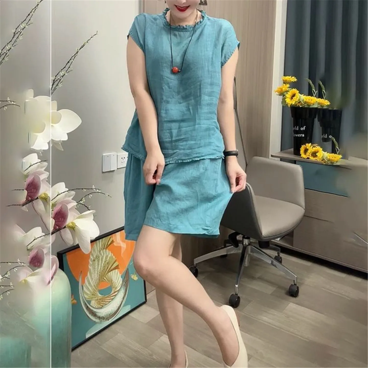 

Anti-Aging Cotton Linen Casual Svel round Ne Summer Set Women's Faion Ensemble High Waist orts Traditional Print