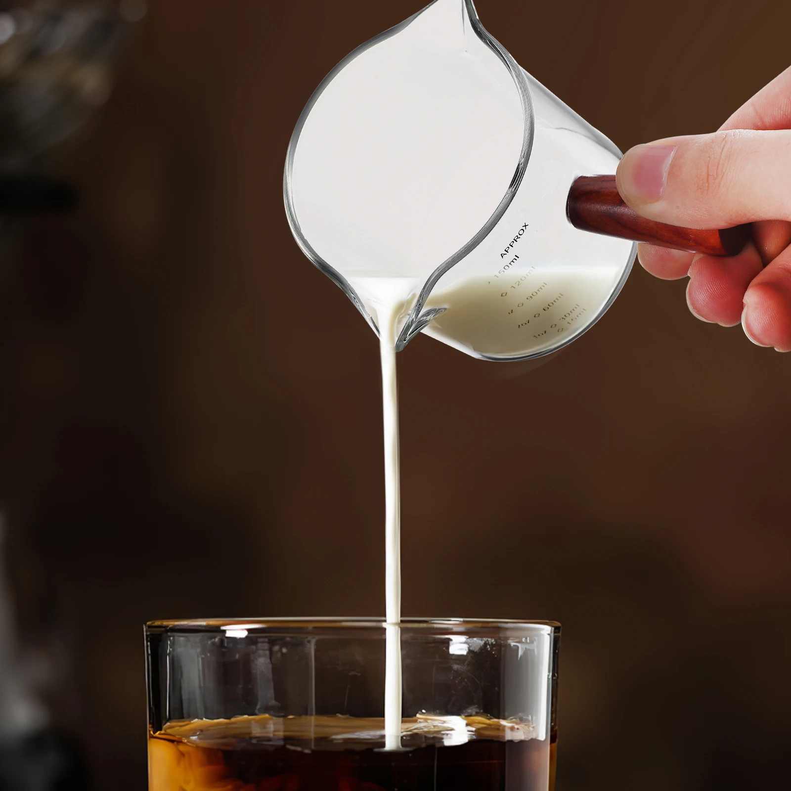 

2Pcs Glass Espresso Measuring Cup with Wooden Handle Heat Resistant Borosilicate Graduated Cup for Coffee Creamer Syrup Milk