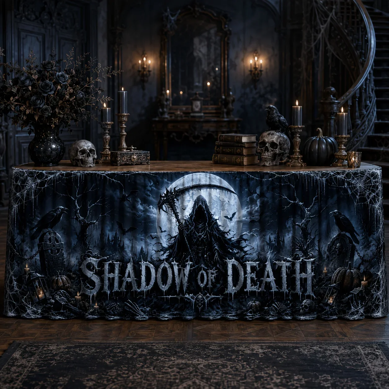 1 piece - Death God Print Table Skirt - Suitable for Gothic Ceremonies, Adult Banquets and Stage Decorationsxzj