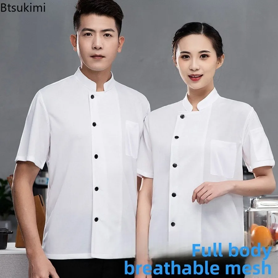 New 360°Breathable Mesh Chef Jacket Men Women Short Sleeve Cooking Shirt Cool Work Tops Food Service Black White Kitchen Outfit
