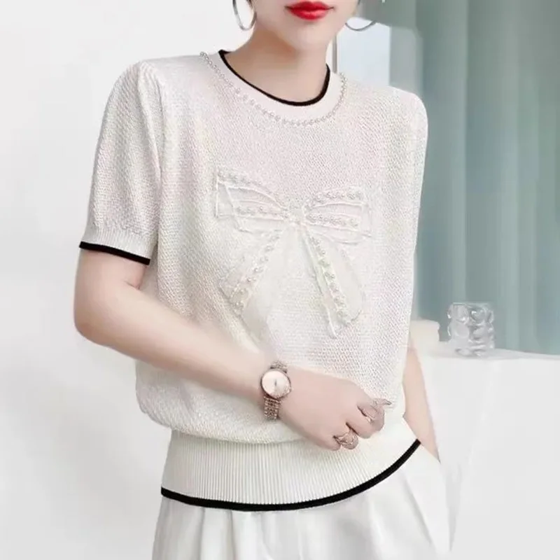 Fashion O-Neck Spliced All-match Bow Beading Blouse Female Clothing 2023 Summer New Casual Pullovers Tops Loose Commute Shirt