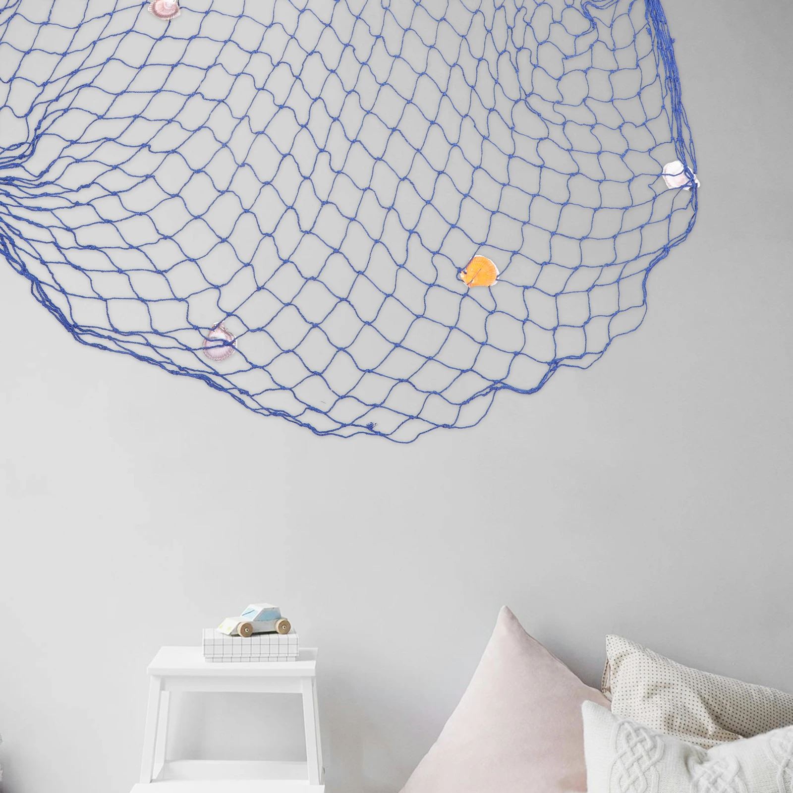 

Fishnet Photo Wall Decor Blue Shells Nautical Fishing Net Beach Ocean Home Bathroom Coastal Theme Wall Hanging Decorative