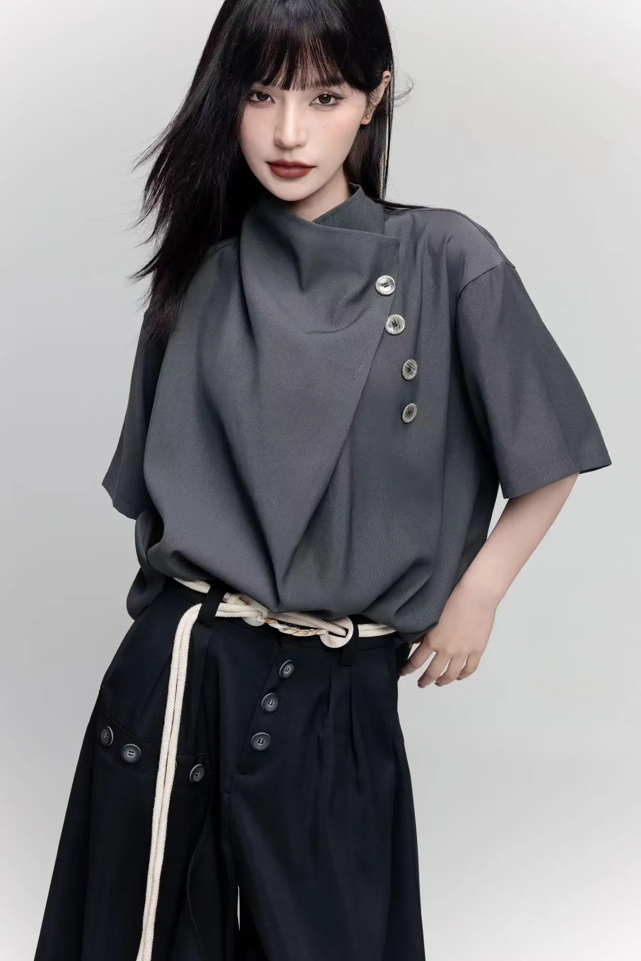 2025 New Retro Loose Short Sleeve Versatile Jk Shirt Summer Men Women Semi-turtleneck Irregular Fashion New Chinese Leisure Top