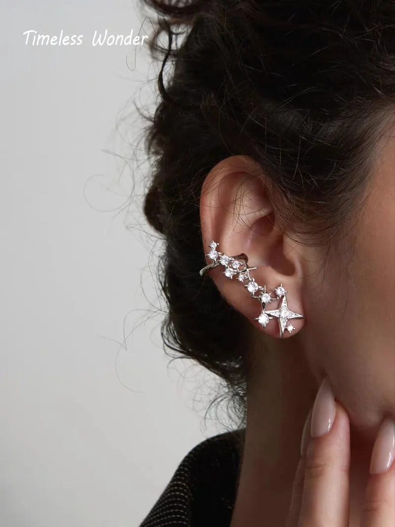 Timeless Wonder Fancy Crystal Zircon Star Clip Pierced Earrings Women Designer Jewelry Sweet Gift Rare Top Cute 3346