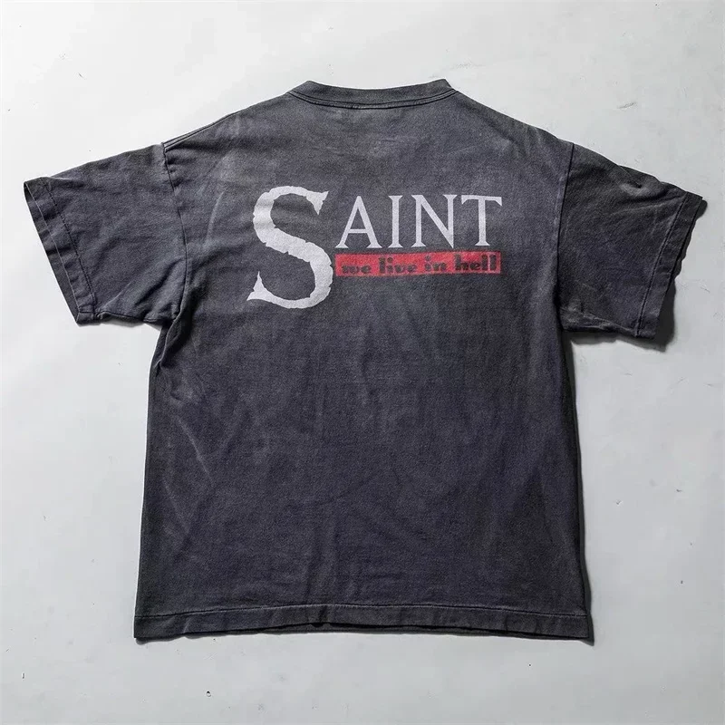 

24ss Saint Michael Grey Washed T-Shirts Men Women 1:1 Top Quality Letter Logo Oversized T Shirt