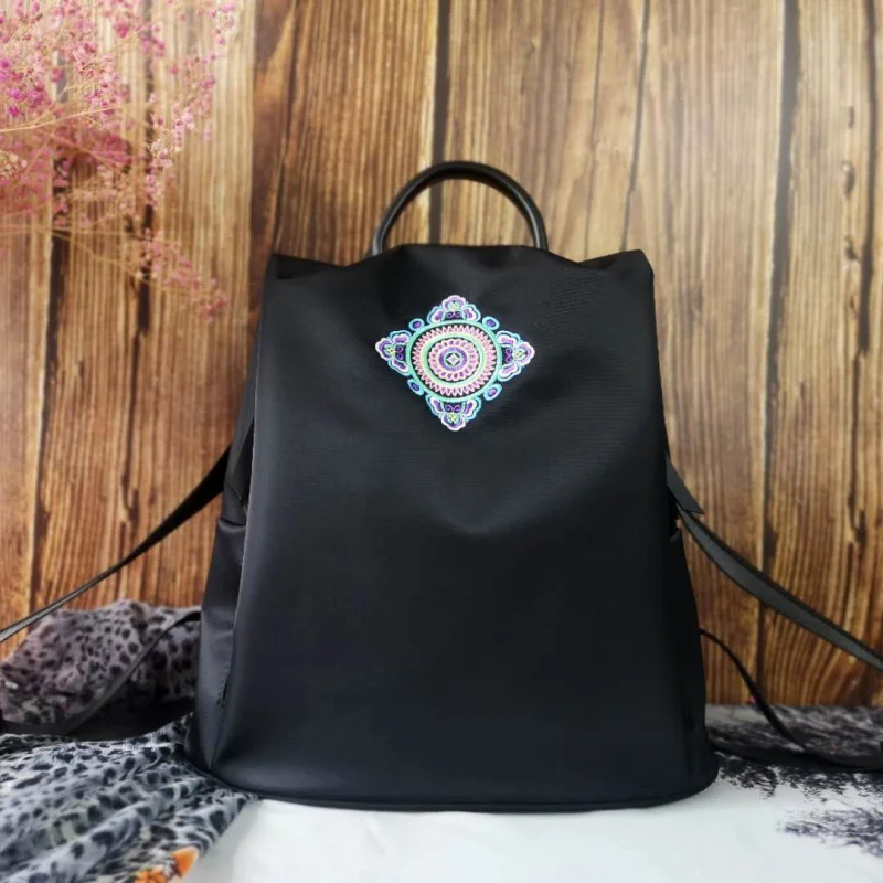 Biyang Style Embroidery Backpack Women's Bag Embroidered Black Casual All-Match Waterproof Fabric Jushi Shoulde