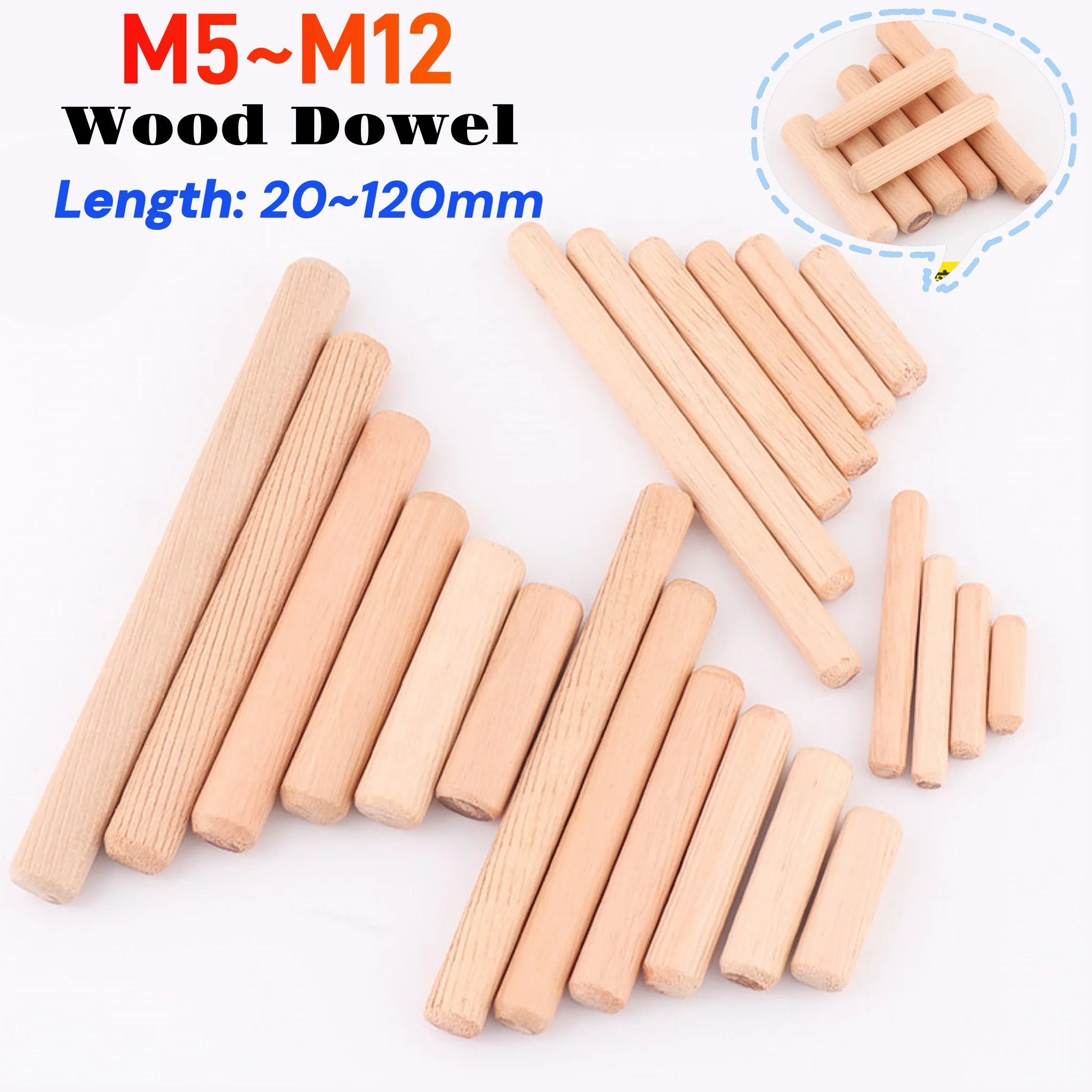 M5 M6 M8 M10 M12 Woodendowelwoodpinsforcabinetdrawerfitting Round Fluted Wood Craft Dowel Pins Rods Set Furniture Fitting