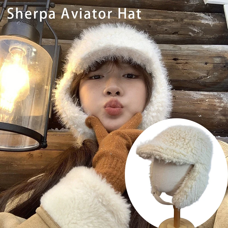 Winter Heavy Duty Trapper Cap With Ear Flaps Sherpa Aviator Hat With Peaked Brim Men Women Windproof Flight Helmet For Riding