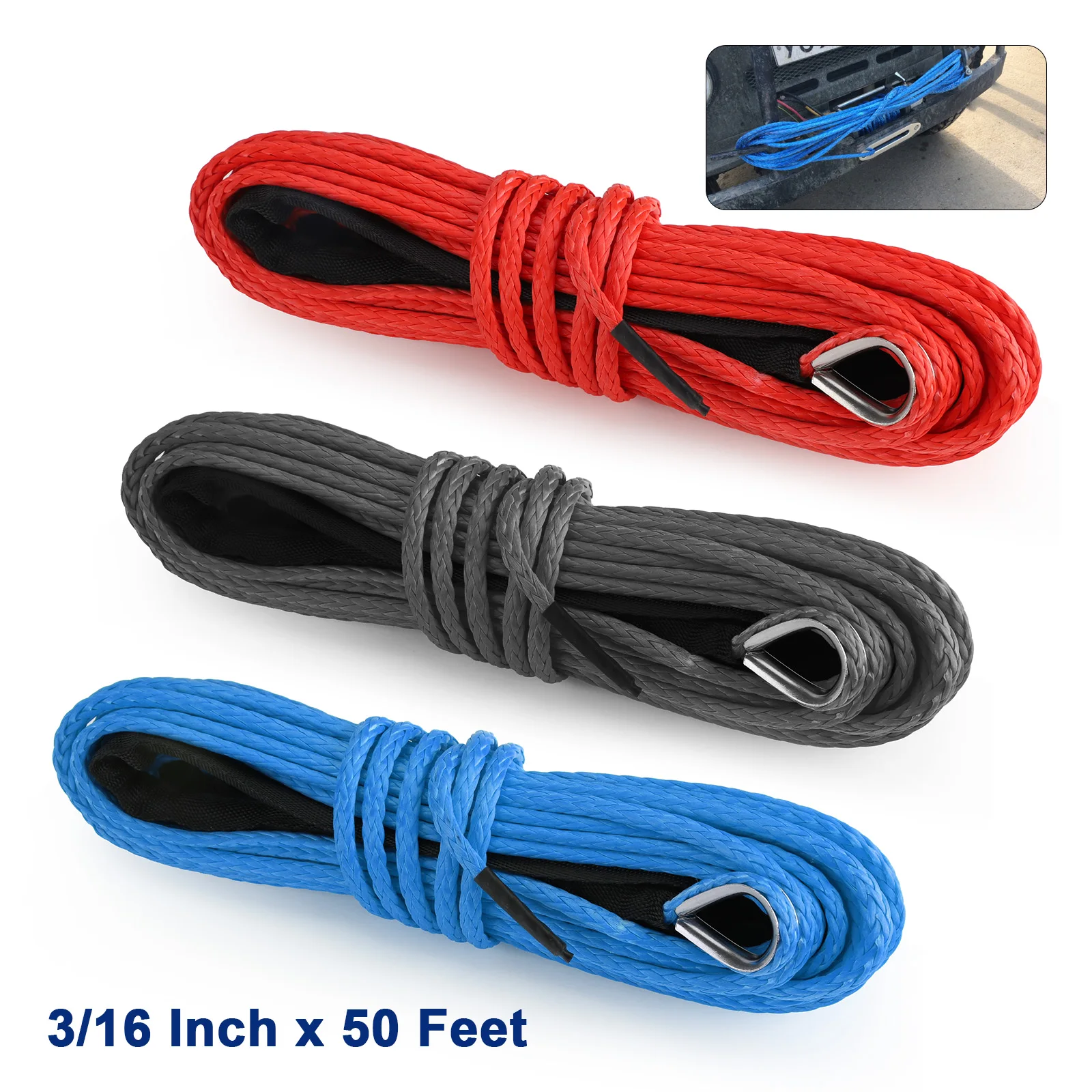 

3/16 Inch x 50 Feet Synthetic Winch Rope 8350LBS Cable with Black Protecting Sleeve For SUV ATV UTV Vehicle Boat Car