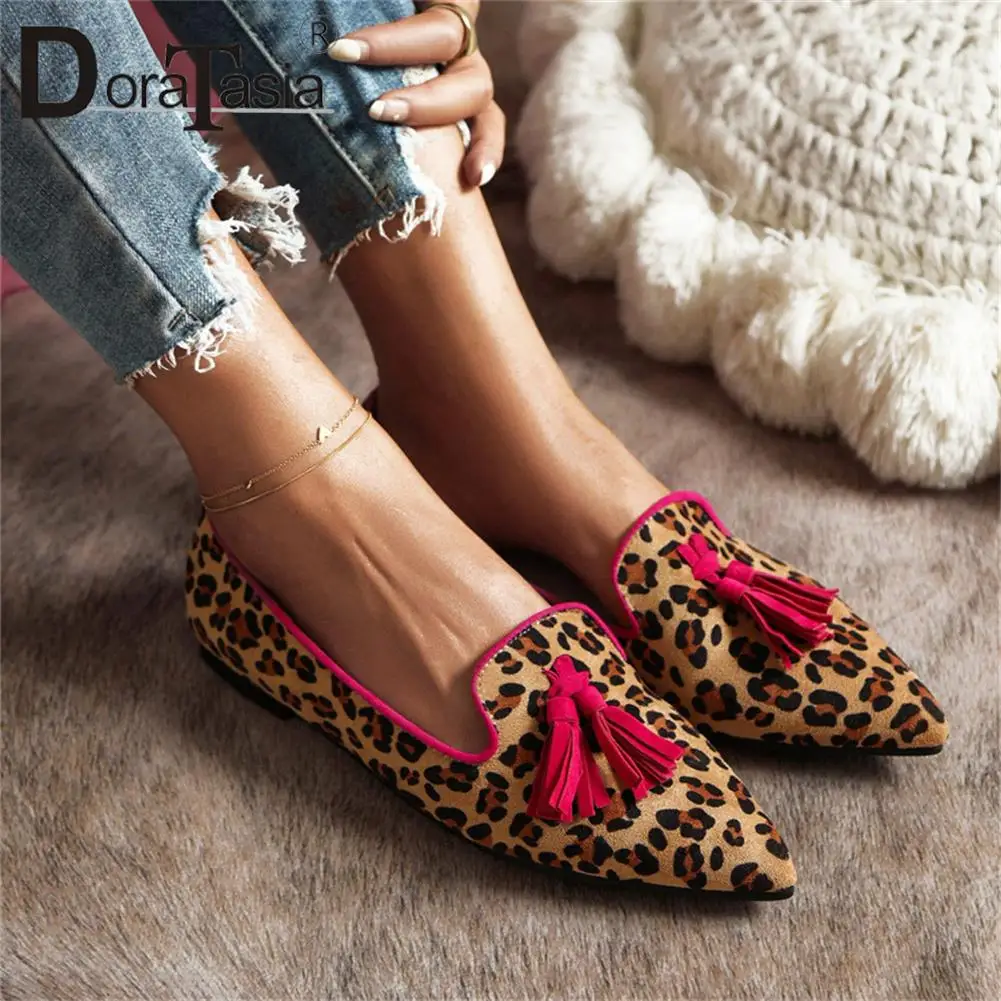 Big Size 43 Brand Design Ladies Pointed Toe Loafers Fashion Fringe Leopard Mixed Colors women's Flats Casual Soft Woman Shoes