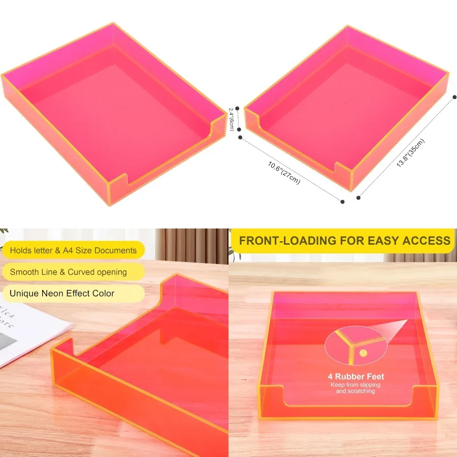 منظم صينية ورق أكريليك وردي نيون للمكتب مع تخزين مستندات A4 وحامل المجلات وصينية فرز الحروف المدمجة لـ #1
