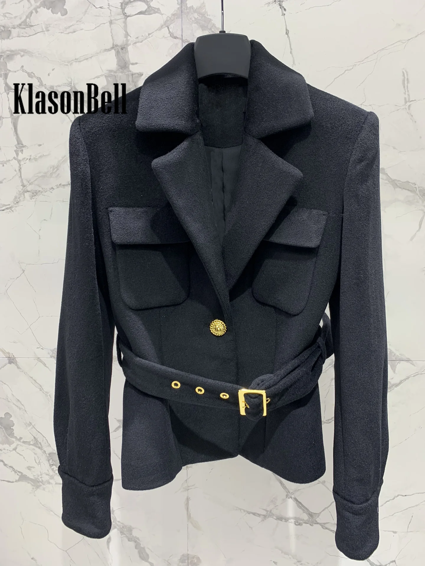 8.7 KlasonBell Women Elegant Turn-down Collar Lion Gold Button Wool Slim Coat Buckle Sashes Collect Waist Short Outerwear