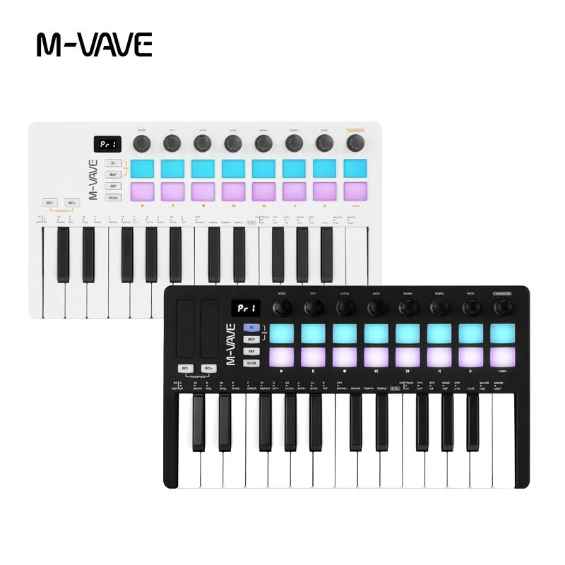 M-VAVE SMK-II Controlador de teclado, 25 teclas, teclado MIDI, 16 almofadas de bateria retroiluminadas, Bluetooth, semi ponderada, Keycap dinâmico profissional