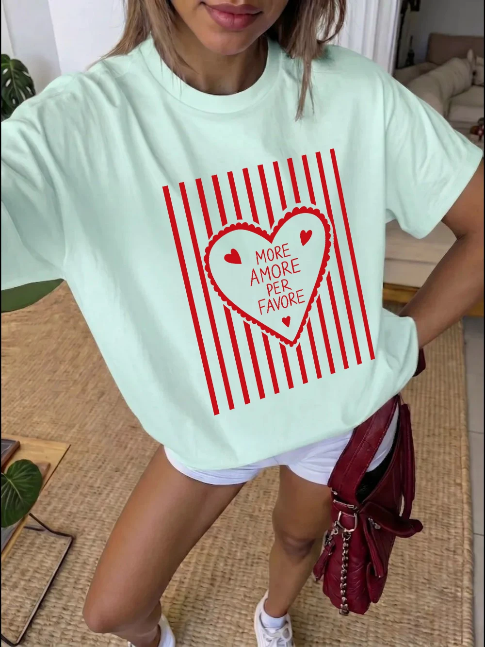 More Amore Per Favore Prints T-Shirts Cotton Womens Summer Short Sleeve Tees Basic Soft Oversized Tops Casual O-Neck Clothes
