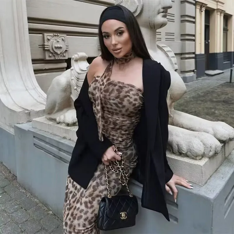 MUJER Leopard Print Crop Top Woman Ruched Tulle Corset Top Women off Shoulder Halter Top Woman Sexy Backless Tube Tops for Women