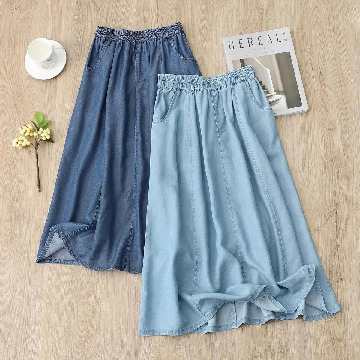 

Denim Skirt Women's Summer New Style Thin Large Size Half Skirt Korean Loose Slim High Waist Elastic A-Line Skirt