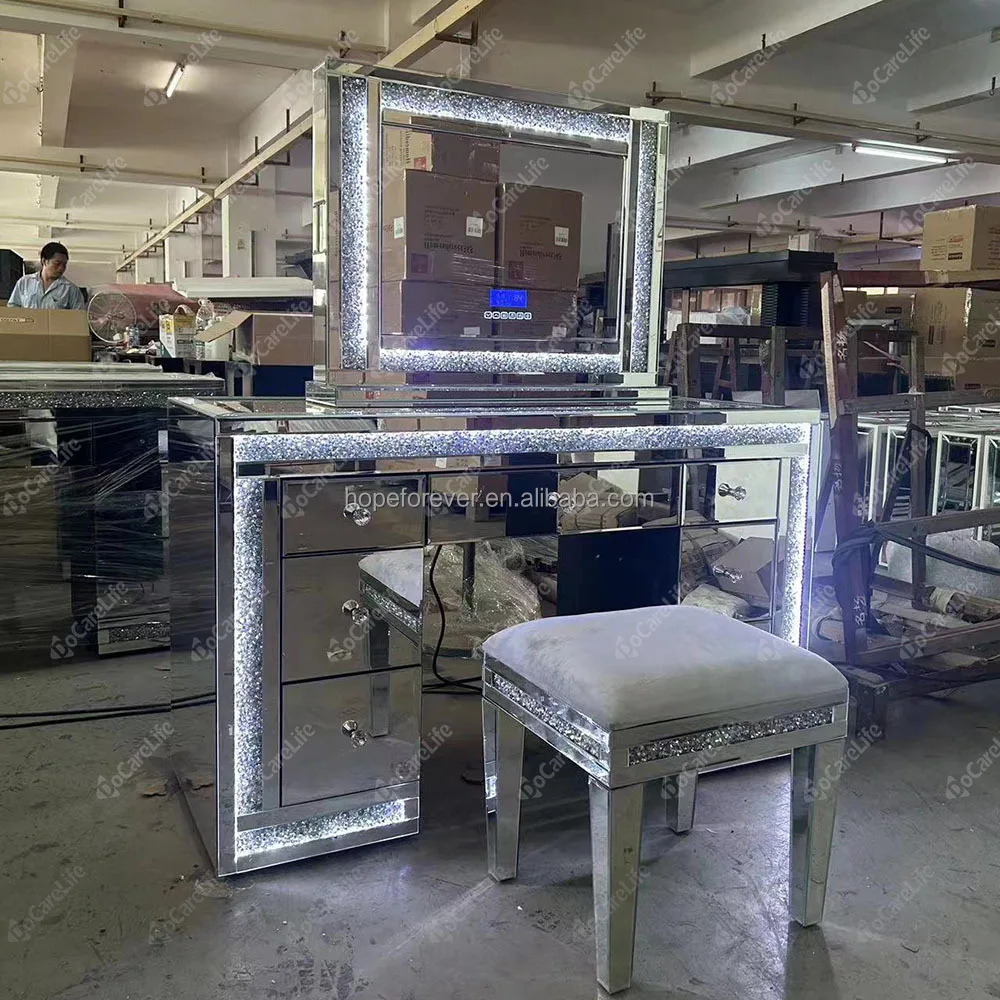 

Contemporary diamond infused bedroom furniture mirrored dresser with illuminated mirror and makeup chair