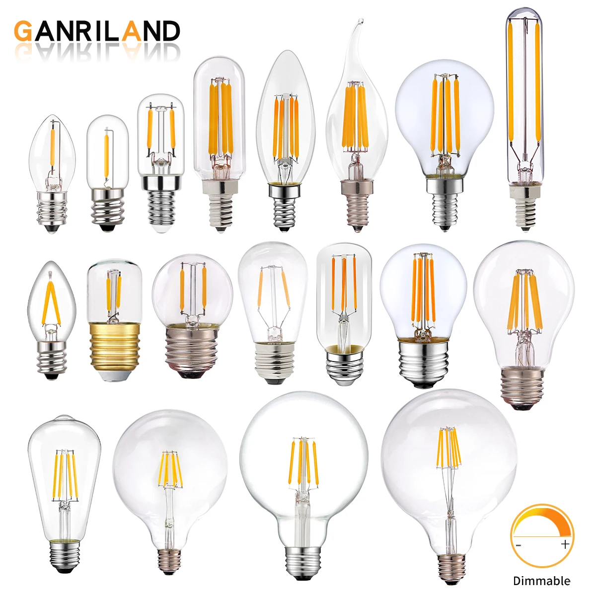 GANRILAND E14 E27 LED Filament Light Bulb Clear Glass Ampoule T16 T20 C7 C35 A19 ST64 G40 G45 G80 1W 2W 4W Vintage Dimmable Bulb