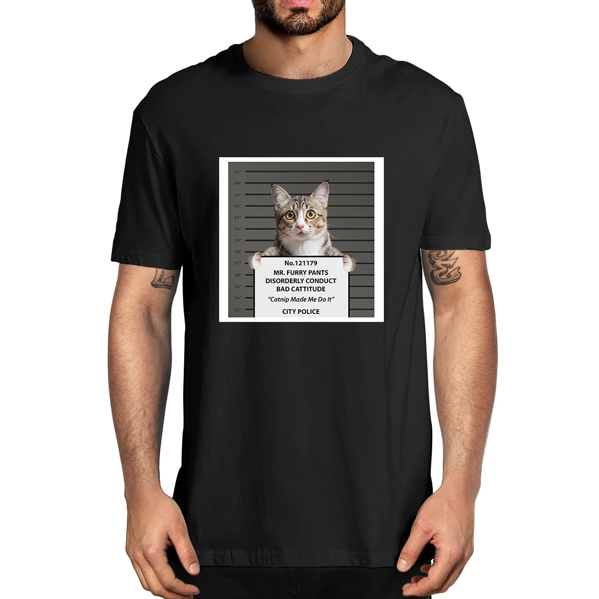 Funny Cat No. 121179 Mr. Furry Pants Disorderly Conduct Bad Cattitude  Catnip Made Me Do It City Police Men  Cotton T-Shirt