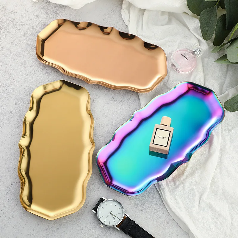 Luxury Wavy Edge Tray Stainless Steel Storage Plates for Food Cosmetic Jewelry Small Gold Tray Desktop Organizer Decoration