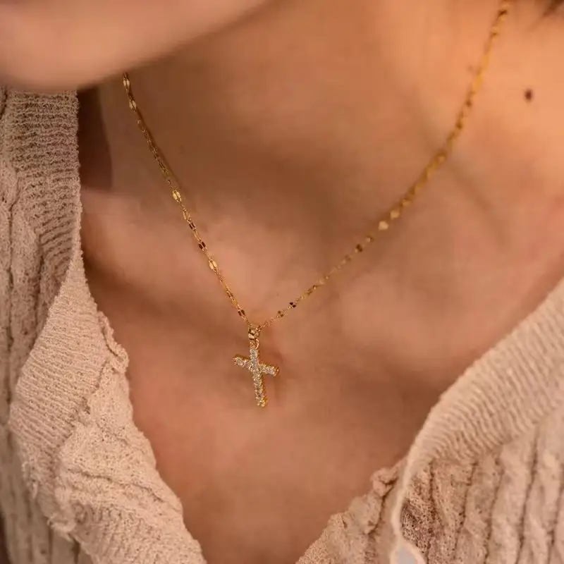 Alloy Cross Pendant Shiny Zircon Necklace Hip Hop Choker Chain for Men Women Concert Stage Wear